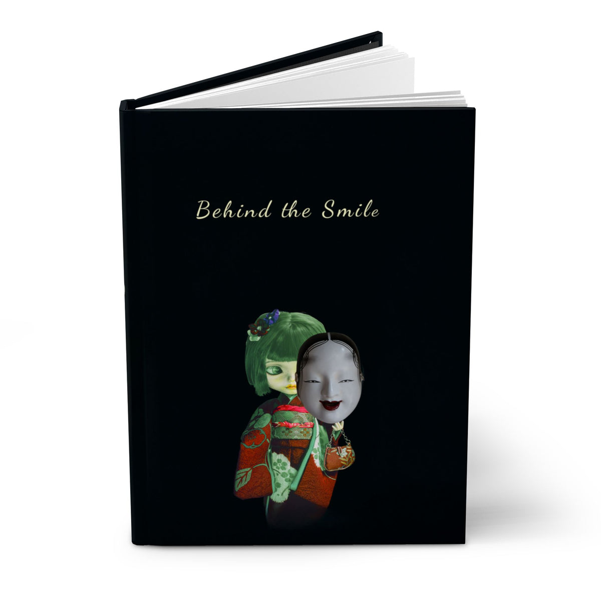 Behind the Smile Hardcover Journal — Japanese Noh Mask Aesthetic Notebook