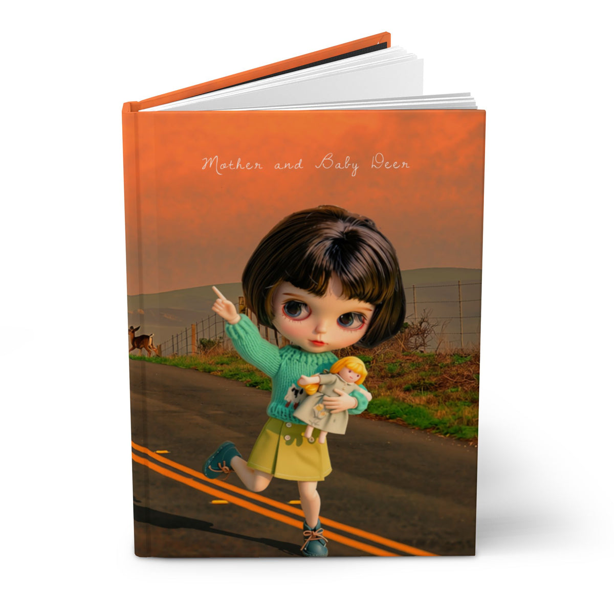 Doll Road Trip Hardcover Journal — Cute Doll & Deer Scenic Notebook