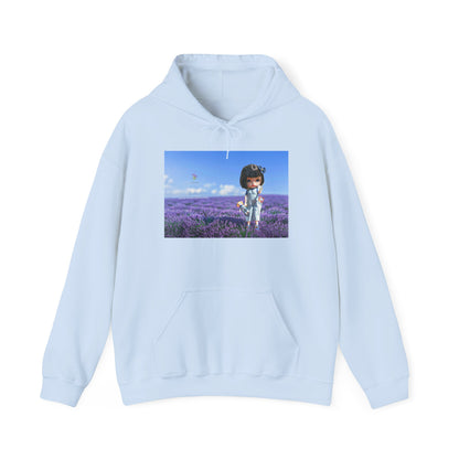 Lavender Field Girl Hoodie — Cute Kawaii Character in Purple Meadow