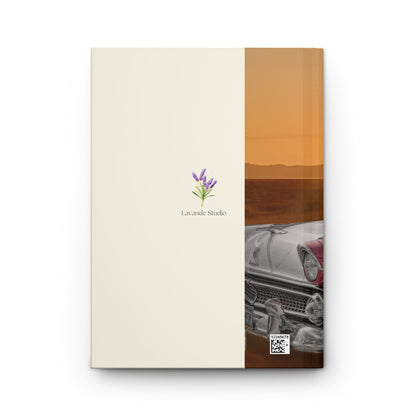 Retro Desert Lady Hardcover Journal — Vintage Car & Sunset Notebook