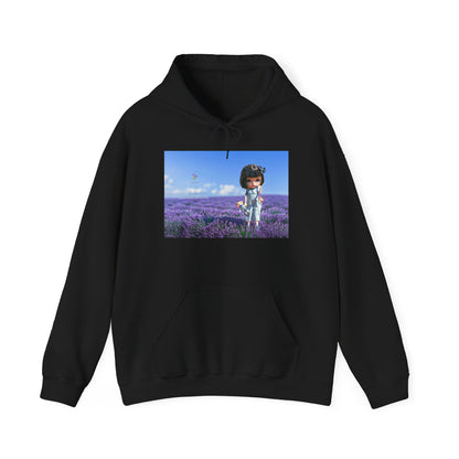 Cute Girl in Lavender Field Hoodie - Whimsical Floral Graphic Sweatshirt