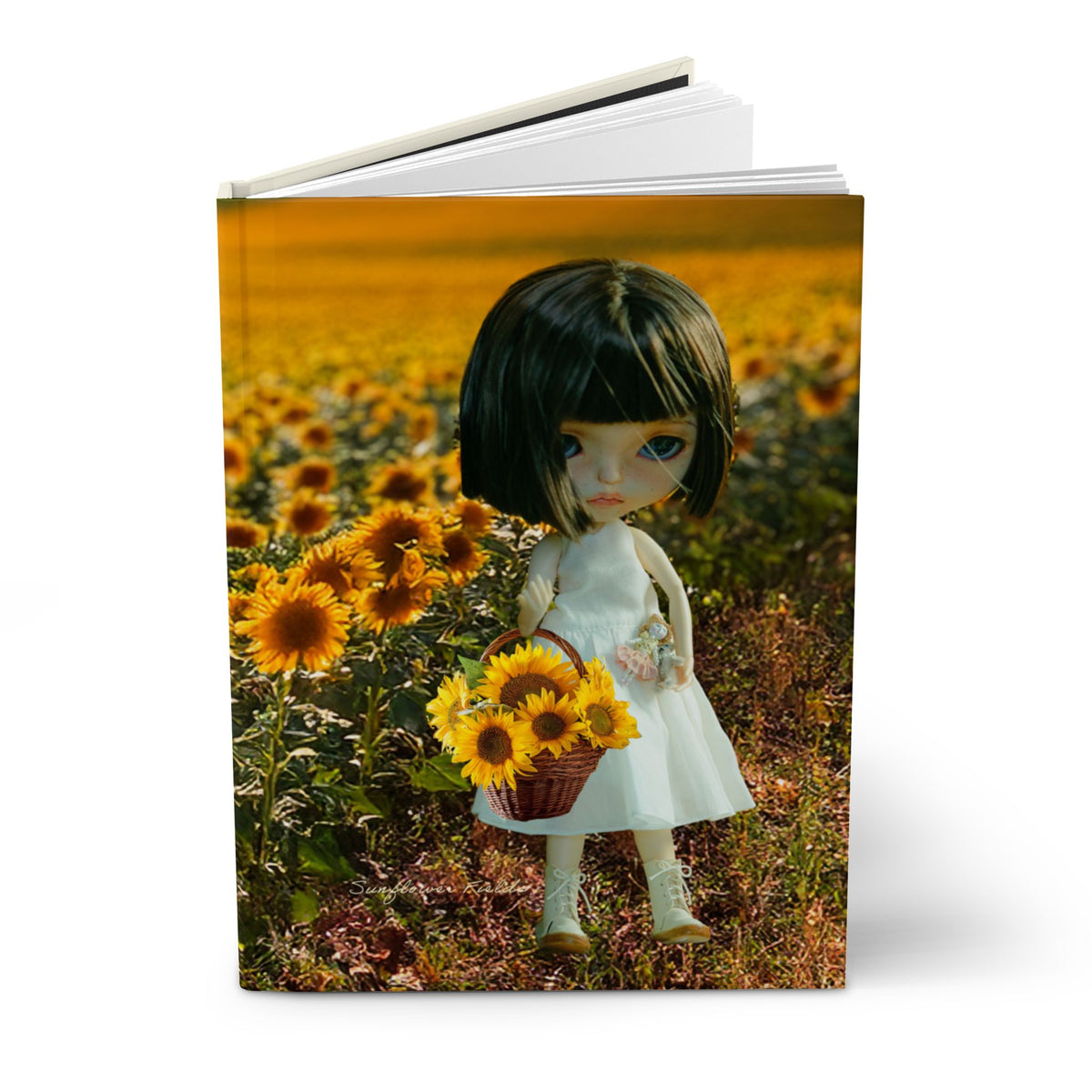 Sunflower Field Doll Hardcover Journal — Matte Blank Notebook for Sketching & Journaling