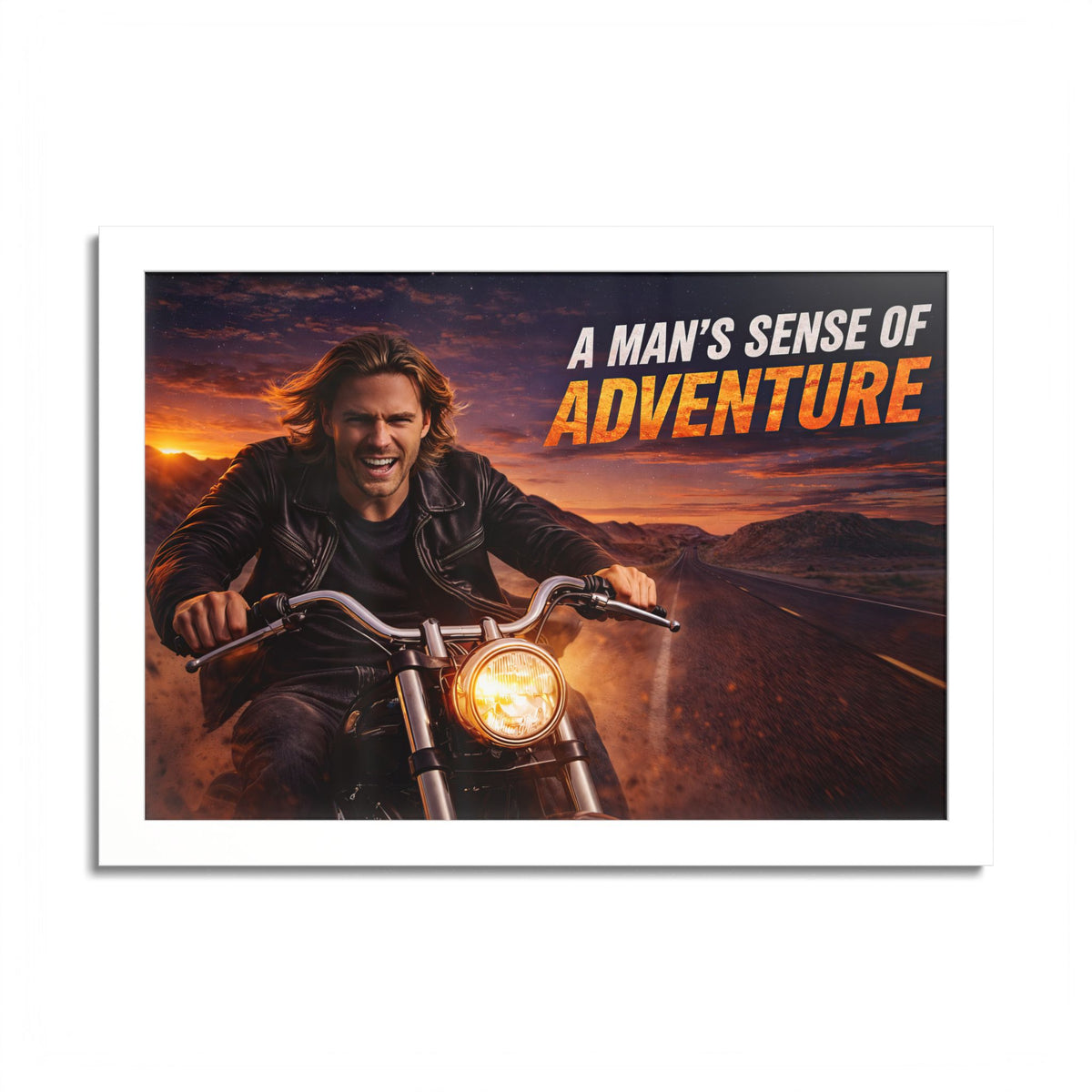 Adventure Motorcycle Poster — "A Man's Sense of Adventure" Colored Frame Print