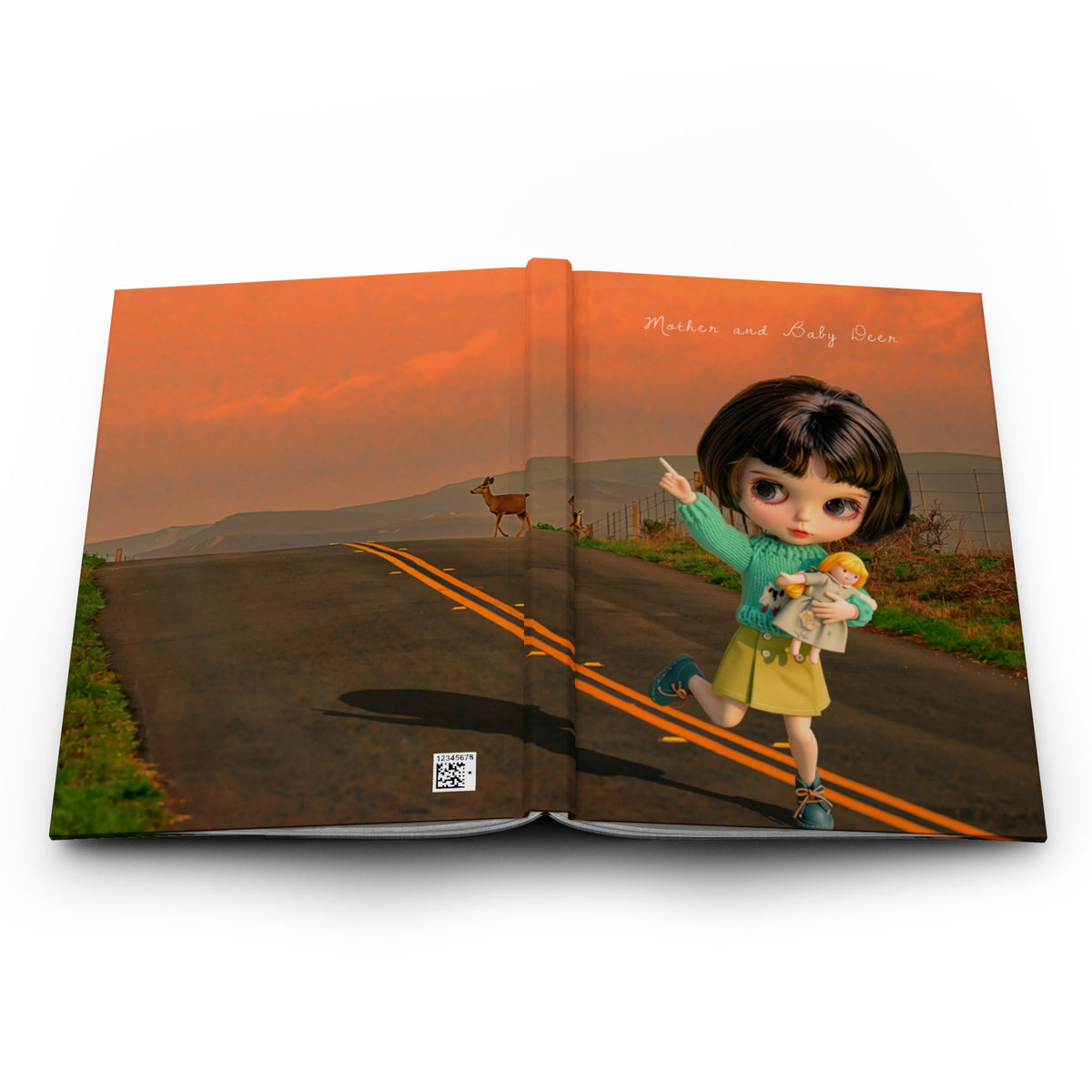 Doll Road Trip Hardcover Journal — Cute Doll & Deer Scenic Notebook