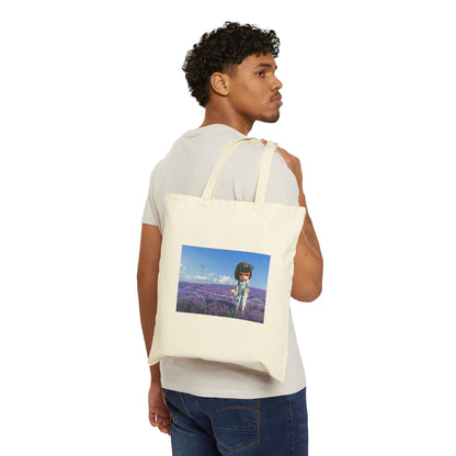 Canvas Tote Bag - Cute Girl in Lavender Field Print, Floral Boho Market Bag