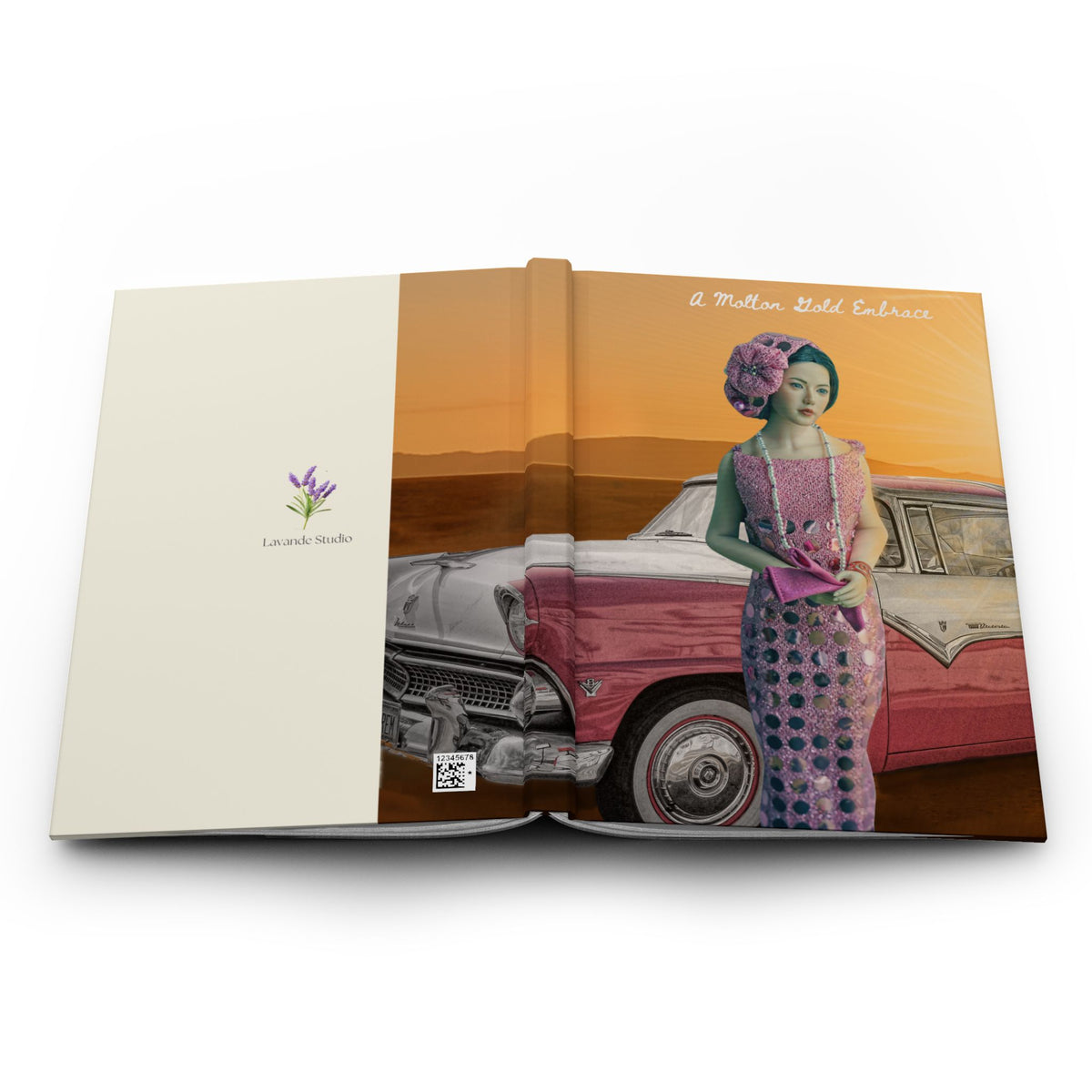 Retro Desert Lady Hardcover Journal — Vintage Car & Sunset Notebook