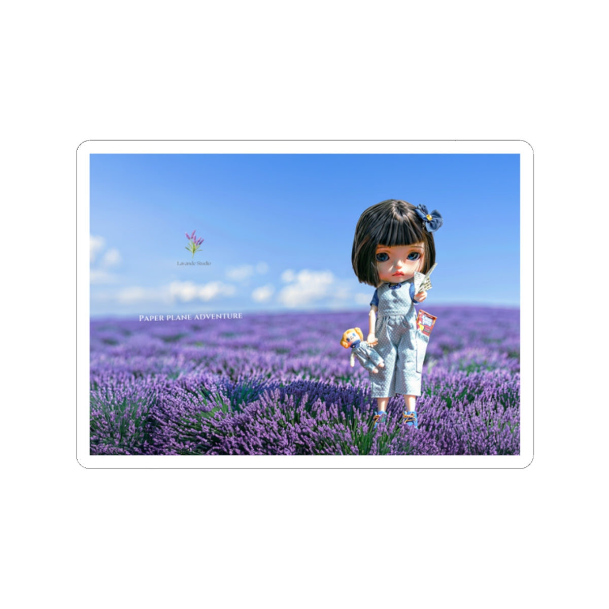 Lavender Field Doll Kiss-Cut Sticker — Cute Blythe Doll in Purple Meadow