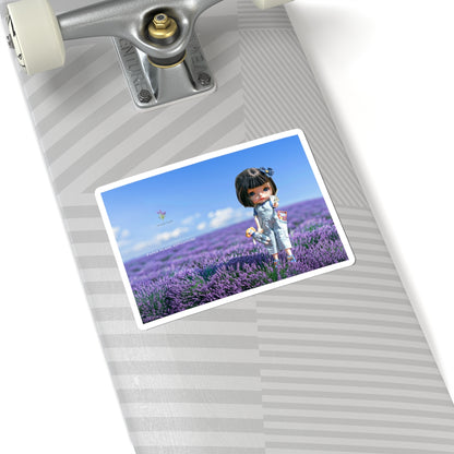 Lavender Field Doll Kiss-Cut Sticker — Cute Blythe Doll in Purple Meadow