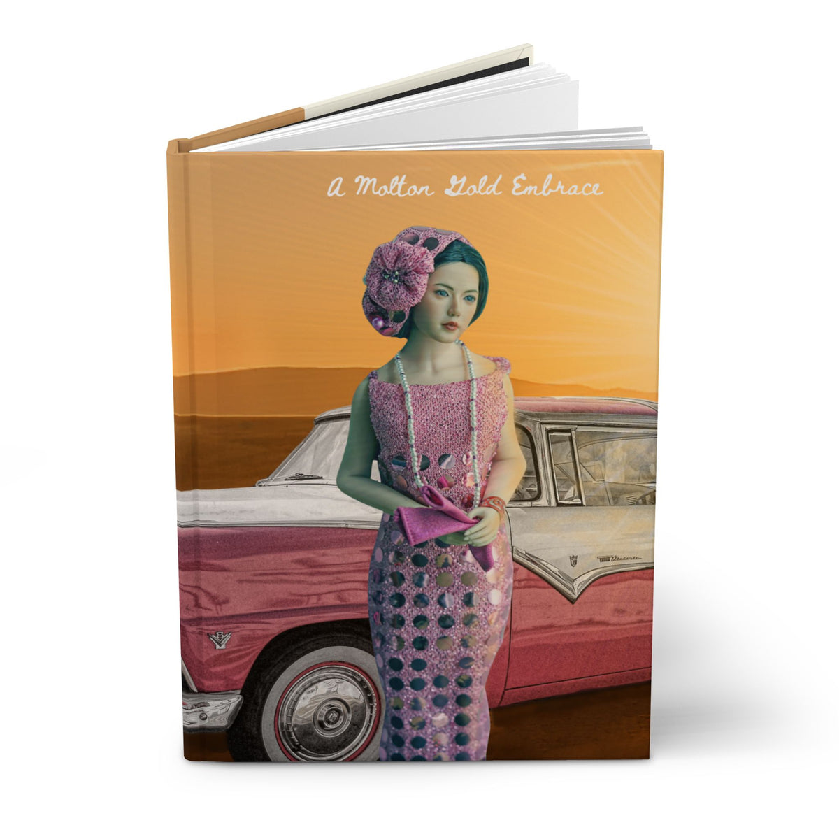 Retro Desert Lady Hardcover Journal — Vintage Car & Sunset Notebook