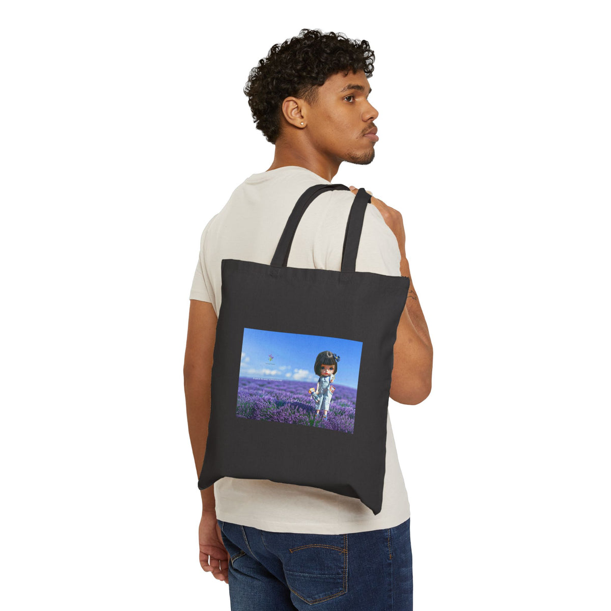 Canvas Tote Bag - Cute Girl in Lavender Field Print, Floral Boho Market Bag