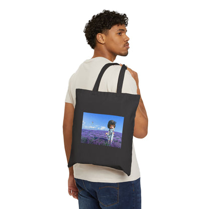 Canvas Tote Bag - Cute Girl in Lavender Field Print, Floral Boho Market Bag