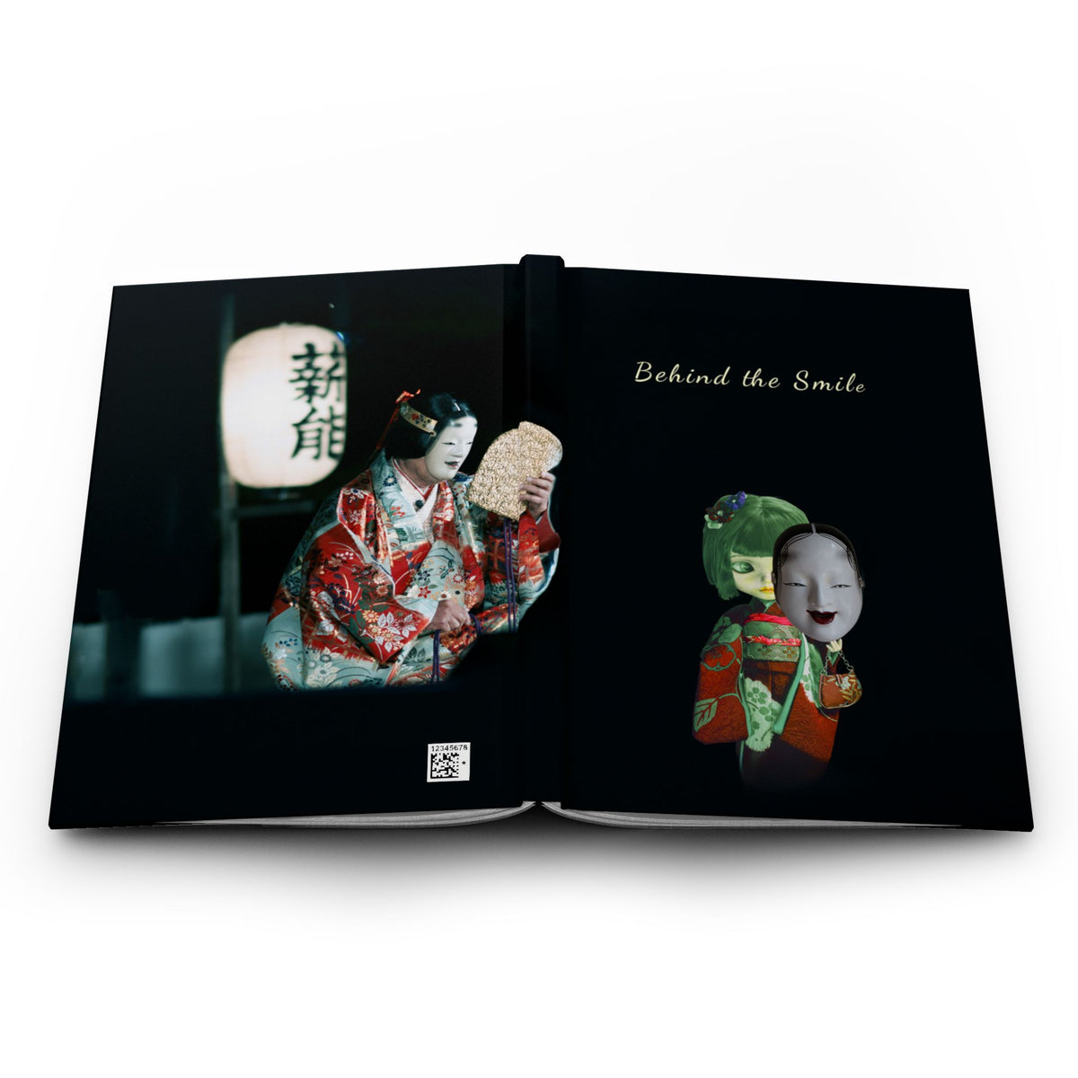 Behind the Smile Hardcover Journal — Japanese Noh Mask Aesthetic Notebook