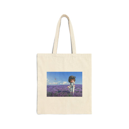 Canvas Tote Bag - Cute Girl in Lavender Field Print, Floral Boho Market Bag